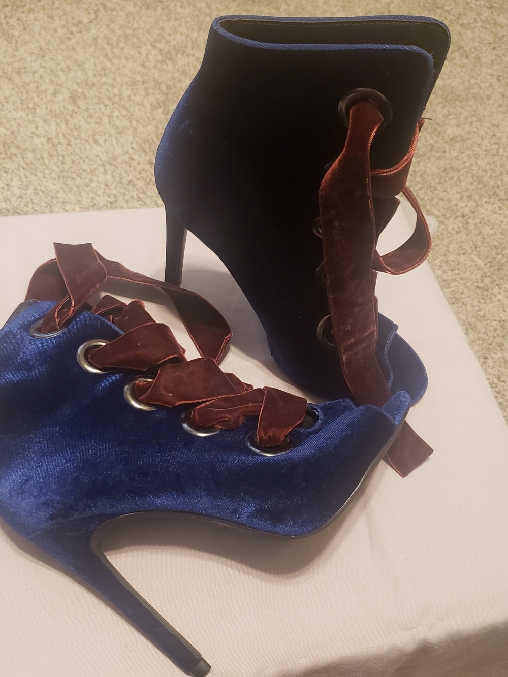 Wild Diva Blue Velvet Stiletto Booties with Burgundy Velvet Laces